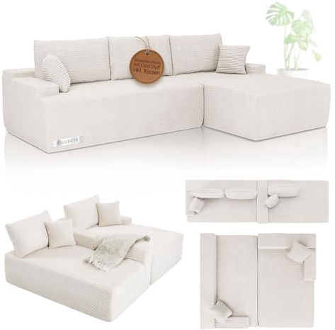 Juskys Sofa Coredo - modernes Cord Sofa mit Ottomane rechts, gemütliche Couch mit Schaumstoffpolsterung, Cordbezug & Kissen, modular - Creme