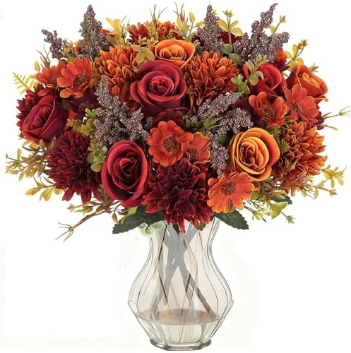 YELYAN 2 Bunches Artificial Roses Silk Flowers Red Orange Artificial Flowers Faux Hydrangea Roses Flower Bouquet for Home Wedding Party Decoration Arrangement(red+orange)