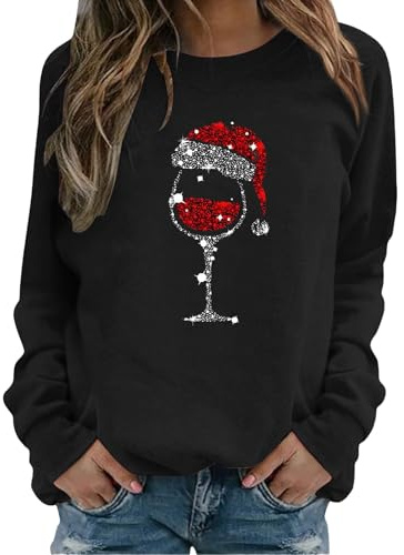 Christmas Pullover Damen Weihnachtspullover Damen Lustig Rotwein Glas Druck Sweatshirt Oversized Rundhals Langarm Ugly Weihnachten Pullover Christmas Oberteile Frauen Xmas Pulli Tops