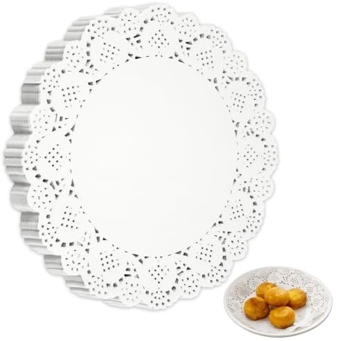 Alaoo 150 tårtdukar av pai, runda muggar, spetspapper, tårtspetspapper för bord, tallrikar, kakor, desserter och pysselarbeten, 16,5 cm, vit