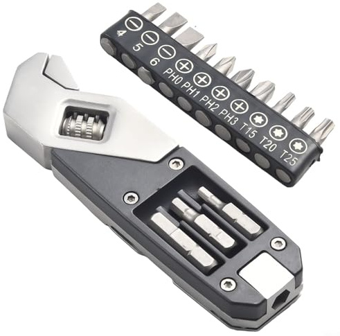 Adjustable Wrench, Foldable Multi-Function Tool with Screwdriver Bits, Stainless Steel Compact Design for Outdoor Camping and Everyday Use