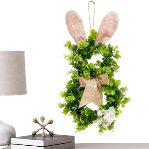 Corona de Pascua de 18 pulgadas – Corona artificial para puerta de conejo con de lino y hortensias blancas | Guirnalda de primavera de granja para decoración del hogar de la pared de la puerta