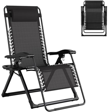 Dripex Chaise Longue Jardin Exterieur, Transat Support 150kg - Noir | Pliante Inclinable, avec Plateau, Tête Amovible