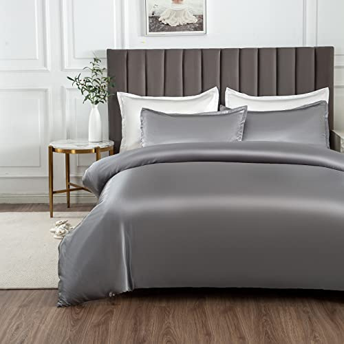 Morbuy Satin Duvet Cover Set Single - Silky Bedding Set for Hair and Skin Care, Luxury Silk Feel Aesthetic Grey Bedding with 2 Pillowcases, Durable 105GSM High-Density Fabric, 135x200cm