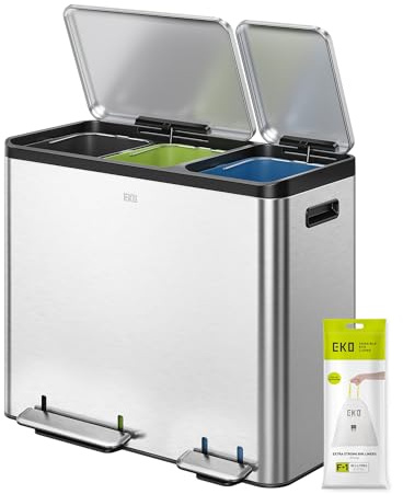 EKO Ecocasa Recycling Kitchen Bin, 3 x 15 Litre Waste Bin 3 Compartments, Pedal Bin with Lids and Plastic Inner Buckets, Soft Closure, Perfect for Kitchen & Home, Stainless Steel