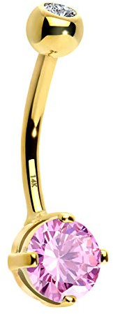 OUFER Barra per Ombelico 14G Oro Massiccio 14K Piercing Bottone Ombelico CZ Rotondo Trasparente Piercing Ombelico Gioielleria per Ombelico Piercing Ombelico Barra per Ombelico, 14G, Zirconia cubica