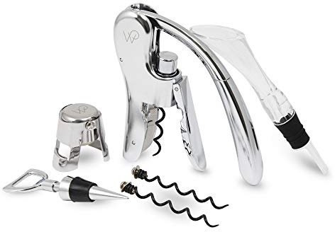 Wolfgang Puck 6-Piece Wine Tool Set with Wine Opener, Aerator, Wine Stopper, and Champagne Recorker, 2 Replacement Corkscrews, Chrome Finish, Arrives in Gift Box