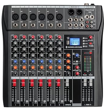 Depusheng DX6 Professional Mixer Sound Board Console 6 Channel Desk System Interface Digital USB MP3 Input 48V Phantom Power Stereo DJ Studio FX Steel Chassis,Black Bluetooth USB Audio Mixer for PC