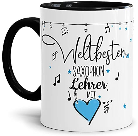 Berufe Tasse - Weltbester Saxophon Lehrer - Geschenk für den weltbesten Musiklehrer, Musikunterricht, Lehrer - Keramik Innen & Henkel Schwarz, 300 ml I Saxophon