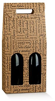 10 scatole per 2 bottiglie vino verticali modello bordolese, borgognotta robuste strenne natalizie cartone accoppiato e maniglia esterna avana con scritte cm.18x9x38,5h - 2 WORDS