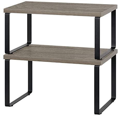 CADUKE Set mit 2 Küchenregalen, stapelbar, Schrank-Organizer, erweiterbare Arbeitsplattenregale, Schrankregal, Organizer, graues Holz, Tischregal, Badezimmer, Theken-Organizer