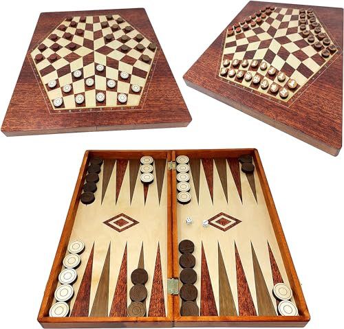 ChessEbook Multifunktionales Spielset 3-in-1: Backgammon + Schachspiel und Dame für 3 Personen aus Holz 40x40 cm - Klappbar - Spielset mit Spielsteinen - Brettspiel – Denkspiel - Handarbeit