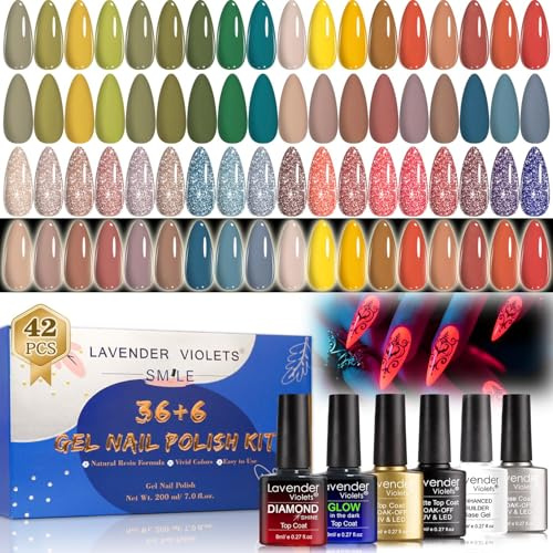 Lavender Violets UV-Gel-Nagellack 42 PCS mit Base und Matte-Glänzende/Diamant/Glow in the dark No Wipe Top Coat Soak Off LED neues Jahr Maniküre Shellac Farbgel Gelnägel für Anfänger und Profis C515