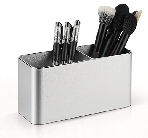 efuturetime Stiftehalter Schreibtisch Metall 2 Fächer Rechteckig Silber | Schreibtisch-Organizer aus Aluminium, Kosmetik-Pinselhalter, Stifteköcher für Büro und Kinder