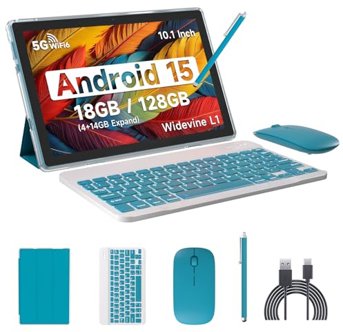IWEGGO Android 15 Tablet, 10 Inch 18GB RAM+128GB ROM/ 2TB Expandable Tablet, 2.0GHz Quad-core Processor, 1280x800 HD Touchscreen, 5G WiFi6 BT 5.0, 2 in 1 Tablets with Keyboard Case Mouse Stylus, Navy