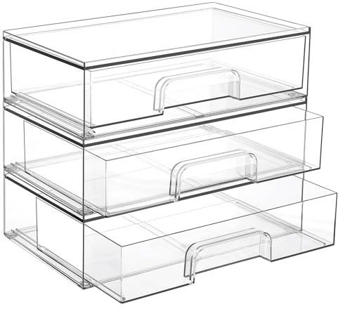Vtopmart 12.1''W Clear Stackable Storage Drawers,3 Pack Acrylic Plastic Organizers Bins for Makeup Palettes, Cosmetics, and Beauty Supplies,Ideal for Vanity, Bathroom,Cabinet,Desk Organization