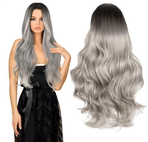 Perücke Damen, 70cm Damen Perücken Silber Lang Halloween Kostüm Hexenperücke Karneval Mädchen Frauen Perücken Grey Wig Lang Haar Gelockt Graue Silber Perücke Halloween Karneval Kostüm
