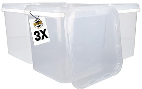 3 Eimer mit Deckel 5L Transparent Eckig | Kunststoff Lebensmittelecht, Luftdicht und Stabil | mit Griff für Lebensmittel, Chemie, Wand Farbe, Waschpulver, Klebstoffe