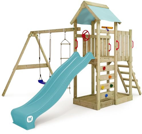 WICKEY Spielturm Klettergerüst MultiFlyer mit Schaukel & pastellblauer Rutsche, Outdoor Kinder Kletterturm mit Sandkasten, Leiter & Spiel-Zubehör für den Garten