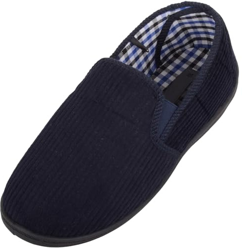 ABSOLUTE FOOTWEAR Mens Slip On Wide Fitting Winter Slipper, Twin Gusset, Navy, UK 9