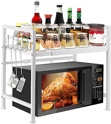 YunNasi Soporte Extensible para Horno de Microondas Estante para Microondas de Acero al Carbono con 10 Ganchos Organizador Estanteria para Encimera de Cocina (Blanco 1)