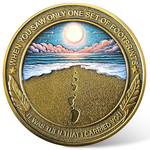 CYOUNG Footprints in The Sand Christian Challenge Coin - Inspirational Scripture Medallion with Dual-Sided Design