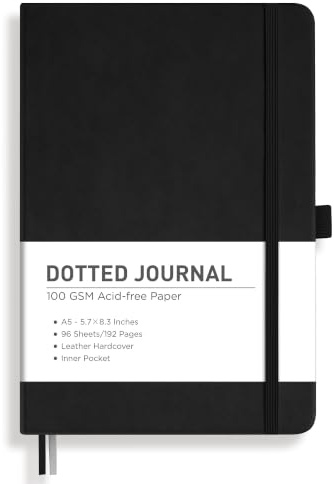 RETTACY Dotted Journal, A5 Dotted Notebook 192 Pages for Women Men Work Office School, 100 GSM Thick Paper, Leather Hardcover, Pen Holder, Bookmark, Inner Pocket and Banded, 14.8X21 cm - Black