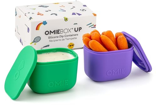 Omie Box UP - Recipientes a prueba de fugas para aderezo de ensalada, recipiente para condimentos con tapas, silicona apta para alimentos, 4.5 onzas (morado/verde)