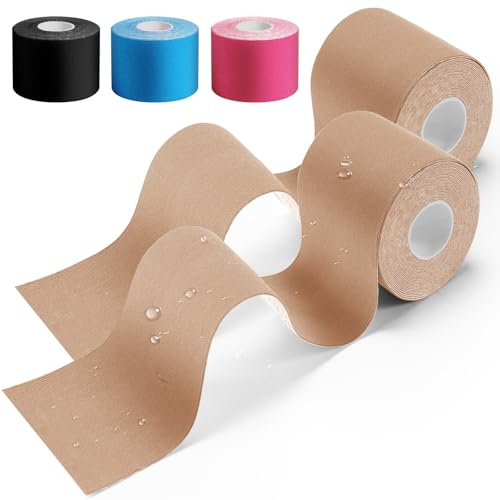 HONYAO Kinesiology Tape 2 Rolls, Sports Tape (5m×5cm), Physio Tape for Shoulder, Back, Elbow, Wrist, Shin, Ankle, K Tape Breathable Waterproof Skin Friendly, Support Muscle Tape, KT Tape Beige