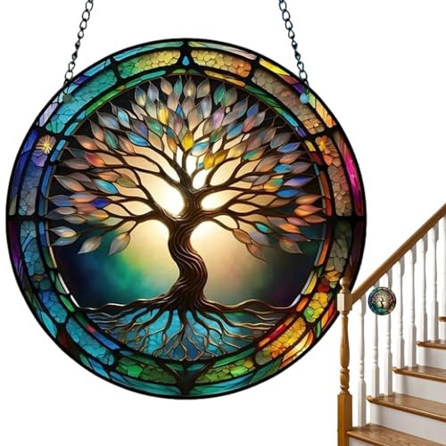 Acryl-Fenster-Sonnenfänger | Rundes Acryl-Ornament | Bunter Lebensbaum/Libe-lle/Schmetterling Anhänger Sonnenfänger - Dekoration Für Fenster, Wand, Wohnzimmer, Heimdekoration