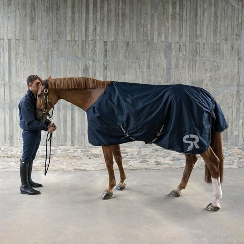 SUNRIDE Regendecke 0g für Pferde (Glasgow) - 1200D - EasyLock Verschluss - mit Unterdecken kombinierbar - 100% wasserdicht - 5.000mm Wassersäule - extrem atmungsaktiv - blau (165 cm)