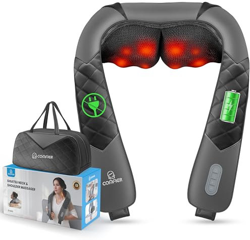 COMFIER Cordless Neck Massager with Heat, Back Massager for Pain Relief deep Tissue, 3D Shiatsu Neck Shoulder Massage Pillow with Carry Bag, Rechargeable Portable, Mens Gifts