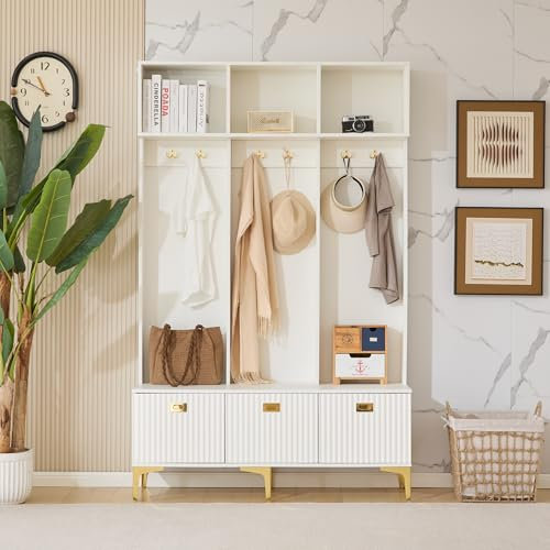 Ymkua Garderobenset Wandgarderobe, Flurgarderobe Set mit offene Aufbewahrung, Garderoben Set mit 6 Goldene Haken und Türen, Kompaktgarderobe, Wandgarderobe, B120/D23.5/H191.5 cm (Weiß)