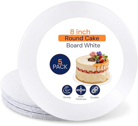 SAMZ Packaging 8White Glossy Masonite Cake Board, Pack of 5 Strong Round Cake Board, Cake Drum, 4mm Thick
