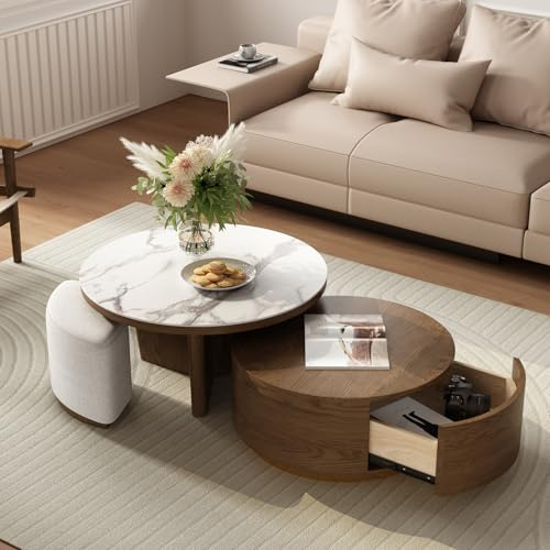 Lartis - Set mit 2 Beistelltischen aus Walnuss mit Schublade und Hockern, runder Stein-Marmortisch im modernen Design, runder Couchtisch für Wohnzimmer