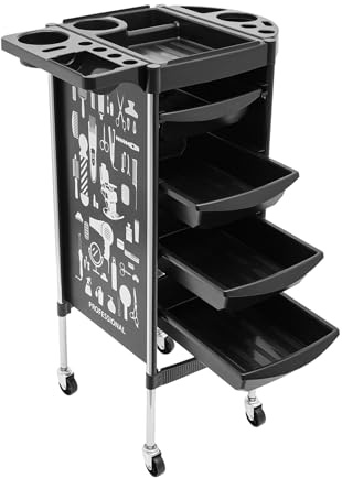 TESUGN Carro de peluquería con 4 cajones extensibles, carrito de trabajo, carrito de salón con ruedas, para estilista, peluquería, peluquería SPA (negro)