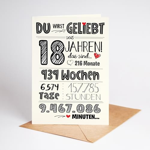 Lovely Cards Süße Xl Karte zum 18. Geburtstag - Karte zum Geburtstag Tochter Sohn 18 Jahre - besondere Geschenkkarte Freund Freundin - Geburtstagskarte Mann Frau (18 Jahre), extra große Premiumkarte