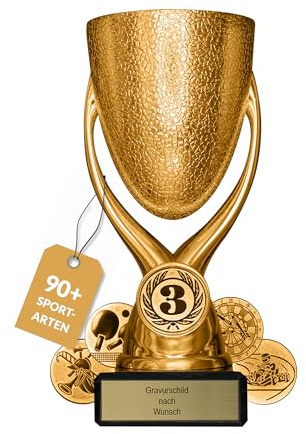 Pokal mit Gravur Wunschtext, Sportemblem nach Wahl, 15 cm | Personalisierte Auszeichnung für Fußball WM & Sport Events, inkl. Marmorsockel, Gold, Silber & Bronze