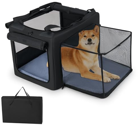 COSTWAY Hundebox faltbar, Transportbox Hund mit 2 Öffnungen, Fenster, Netzkorb, Griffen & Tasche, Hundetasche tragbar, für mittlere & große Haustiere, Metallrahmen, Schwarz (88 x 72 x 48 cm)