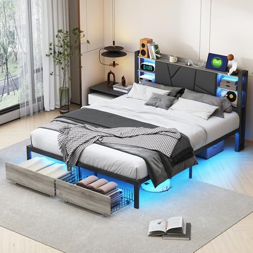 BRILVERDE Lit en métal 160x200 avec sommier et Rangement, avec LED et USB, Lit Coffre avec tête de lit et 2 Tiroirs, pour Adultes et Adolescent (Noir, 160 x 200 cm)