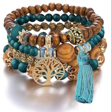 Boho Wooden Beaded Bracelets for Women, Pack Of 4 Elastic Tassel Bracelet for Festival Outfit, Tree of Life Charm (Royalblue)