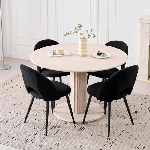 DEYARNA HOME Runt matbord set med 4 stolar, bordsset (gul travertintextur) och matstolar för kök, restaurang och kontor (svart+beige)