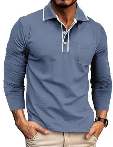 Gleam Ledra Poloshirt Herren Langarm Klassisches Baumwollmix Golfshirt Polohemd mit Knopfleiste 024 Jeansblau XL