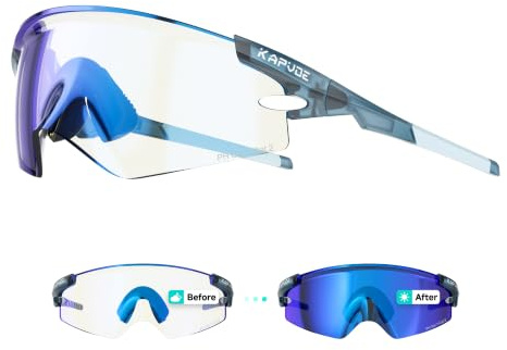 KAPVOE Selbsttönende Fahrradbrille UV400 Herren Damen K410 | Klar zu Blau photochromatisch CAT.1-CAT.2, 5-stufige Bügel mit Metallkern, UV400, Belüftung