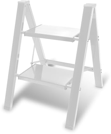 Eikuavons Trittleiter, Klapptrittleiter 2 Stufen Klappbar, Leicht Stehleiter, Aluminium Tritthocker, rutschfeste Leiter mit Klappsicherung, Klappleiter für Haushalt, Küche, Belastbar bis 150kg, Weiß