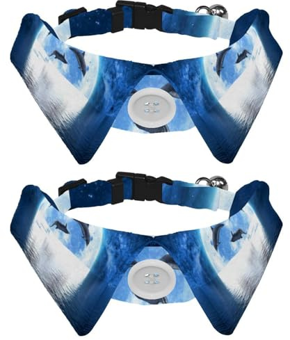 Eslifey 2 Pack Dog Collar with Bowtie and Bell, Dolphins Jumping Big Moon Galaxy Adjustable Lapel Design Cat Bow Tie Collar for Small Pets