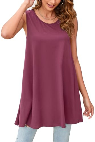 Enmain Camiseta Sin Mangas Mujer Talla Grande Túnica Tops Mujer Sin Mangas Verano Blusas Larga Camisa Cuello Redondo Casual Cómoda Magenta Fucsia 3XL