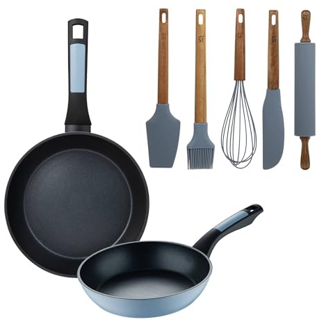 Juego de 2 Sartenes de Ø20Ø26cm Aluminio prensado color Azul + Set de 5 Utensilios de silicona y madera NOIA San Ignacio