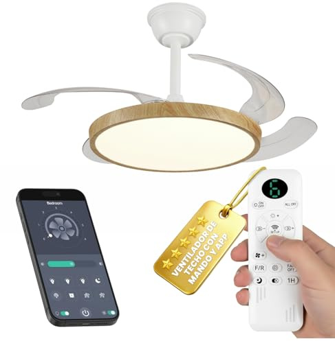 LUMIKING Ventilador de Techo con Luz LED Regulable y App | Motor DC Silencioso | 6 Velocidades | Tonalidad Ajustable 3000K–6500K | Mando a Distancia | Blanco o Madera | 3 Tamaños (Madera, 92 CM)