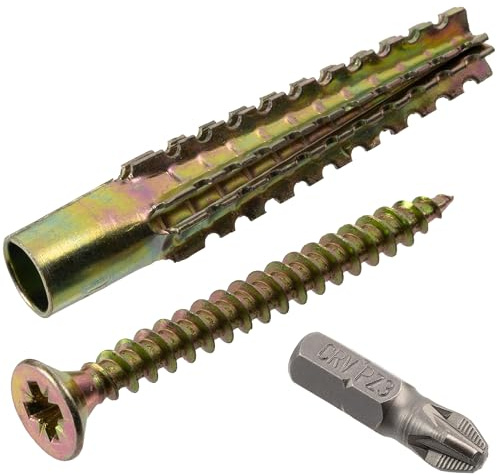 AERZETIX - Kit de 15 chevilles métalliques à expansion Ø8x60 mm de couleur doré + 15 vis Ø6x60 mm + 1 embout PZ3 | pour béton cellulaire, carreaux de plâtre